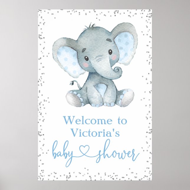 Elephant Silver Glitter Baby Shower Welcome Sign (Front)