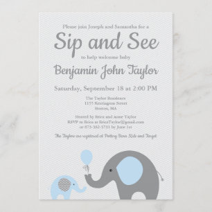 Elephant Sip and See Invitations in Blue and Grey