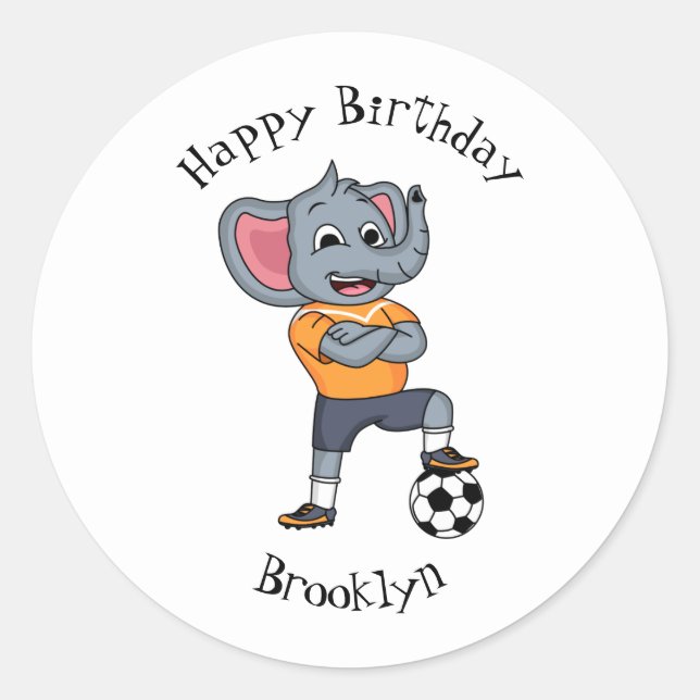 Elephant soccer player cartoon illustration classic round sticker (Front)