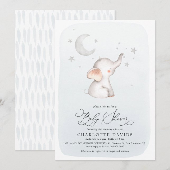 Elephant Stars Moon Dusty Blue Boy Baby Shower Invitation (Front/Back)