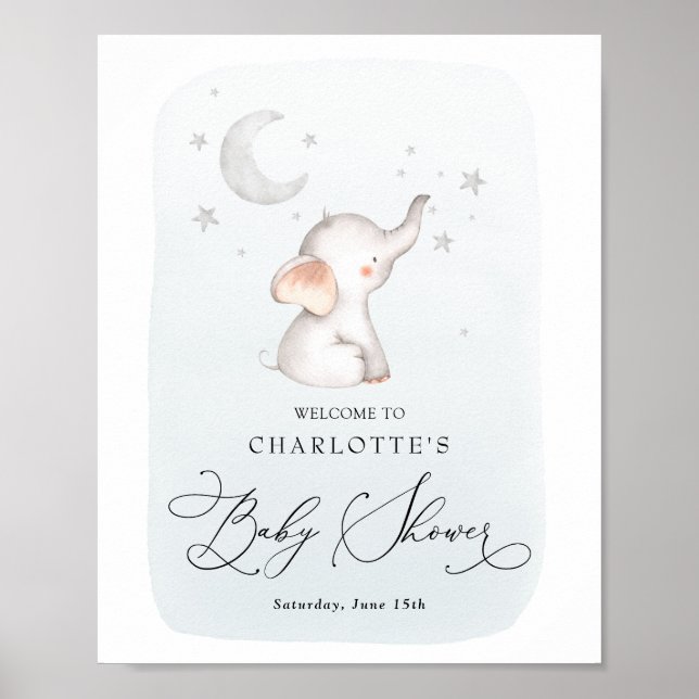 Elephant Stars Moon Dusty Blue Boy Baby Shower Poster (Front)