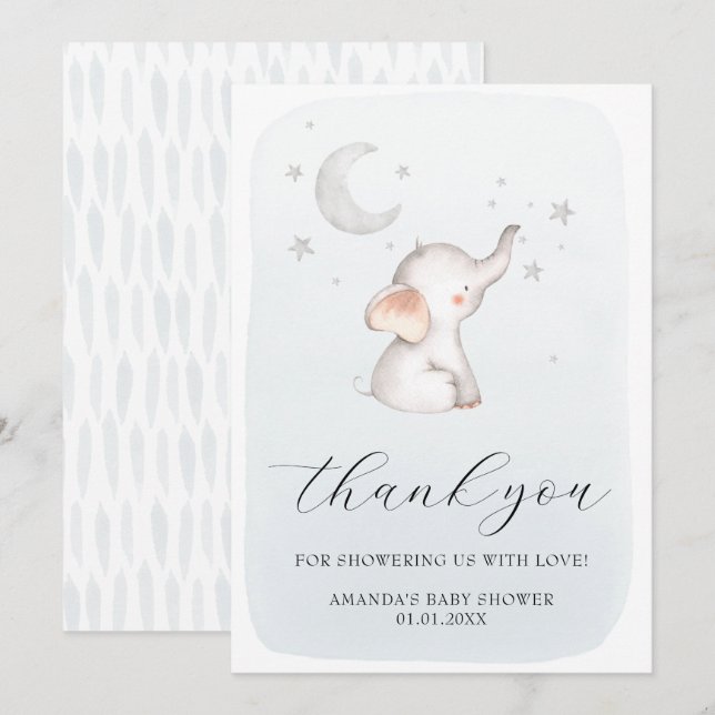 Elephant Stars Moon Dusty Blue Boy Baby Shower Thank You Card (Front/Back)