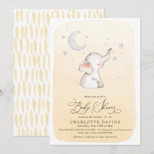 Elephant Stars Moon Yellow Neutral Baby Shower Invitation (Front/Back)