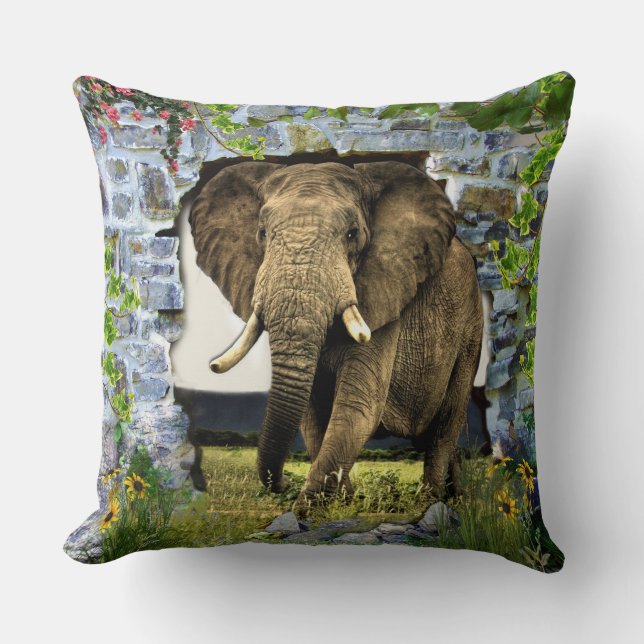 Elephant Stepping Through a Brick Wall Cushion (Front)