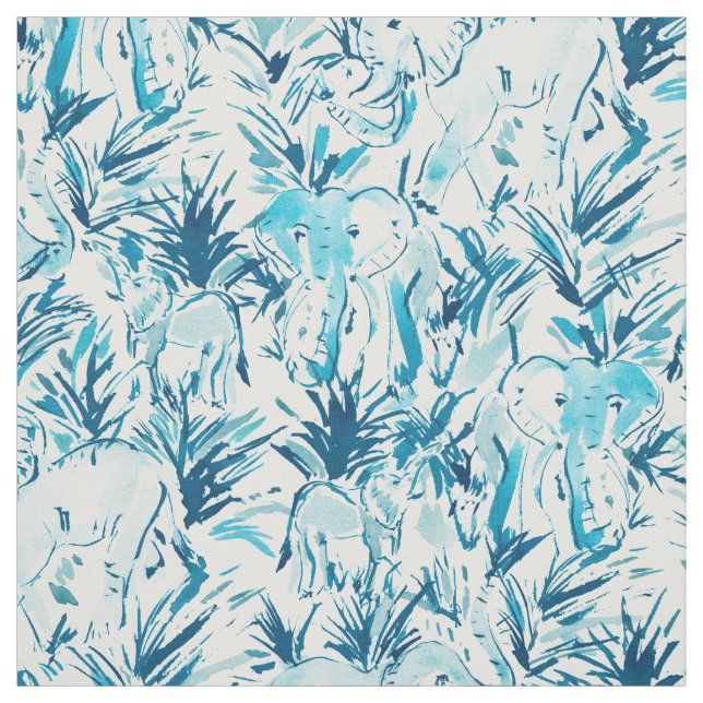 ELEPHANT STOMP Indigo Blue Safari Print Fabric (Swatch)