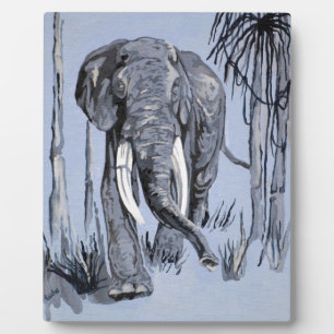 Elephant Strolling Through Wooded Savanna In Blue Plaque
