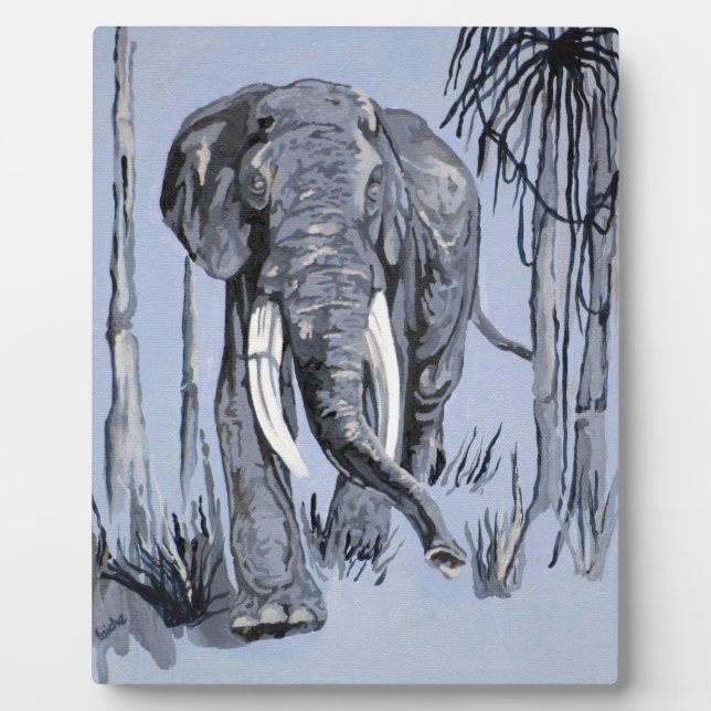 Elephant Strolling Through Wooded Savanna In Blue Plaque (Front)