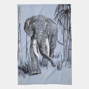 Elephant Strolling Through Wooded Savanna In Blue Tea Towel