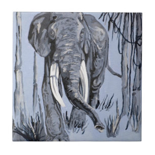 Elephant Strolling Through Wooded Savanna In Blue Tile