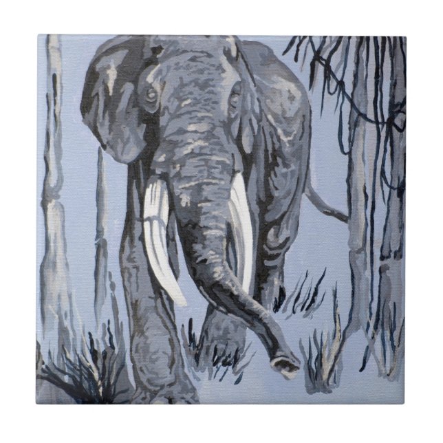 Elephant Strolling Through Wooded Savanna In Blue Tile (Front)