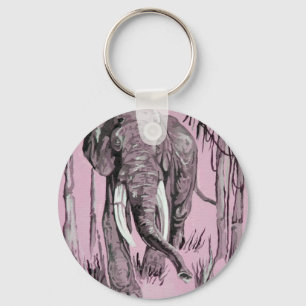 Elephant Strolling Through Wooded Savanna In Pink Key Ring