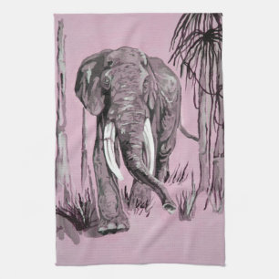 Elephant Strolling Through Wooded Savanna In Pink  Tea Towel