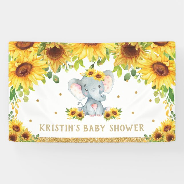 Elephant Sunflower Baby Shower Birthday Backdrop Banner (Horizontal)