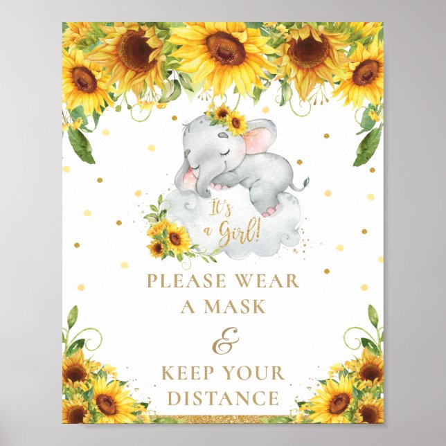 Elephant Sunflower Baby Shower Wear Mask Distance Poster (Front)