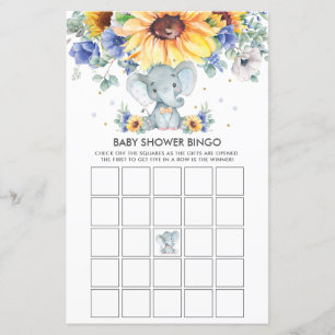 Elephant Sunflower Blue Baby Shower Bingo Game 