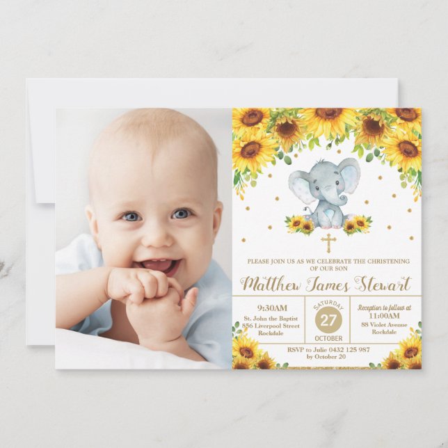 Elephant Sunflower Christening Baptism Boy Photo Invitation (Front)