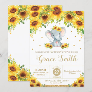 Elephant Sunflower Floral Co-Ed Baby Shower Girl Invitation
