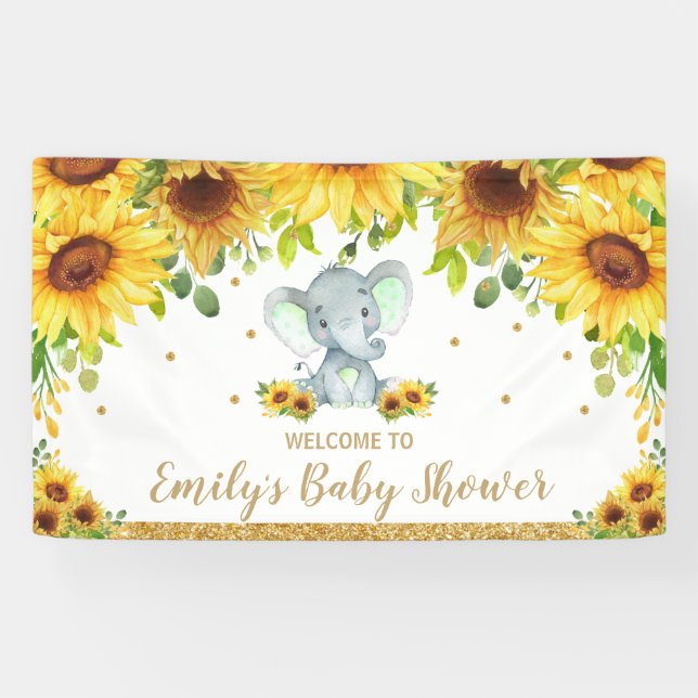 Elephant Sunflower Neutral Baby Shower Backdrop Banner (Horizontal)