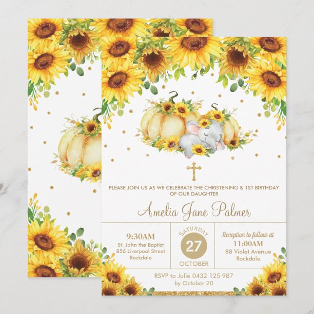 Elephant Sunflower Pumpkin Christening Baptism Invitation (Front/Back)