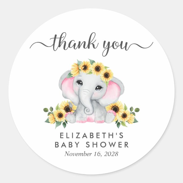 Elephant Sunflowers Baby Girl Shower Thank You  Classic Round Sticker (Front)