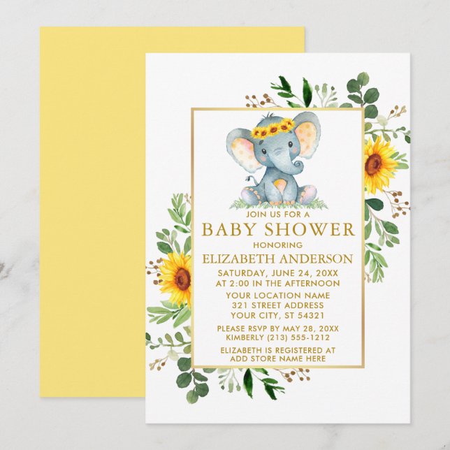 Elephant Sunflowers Greenery Baby Shower Gold Invitation (Front/Back)