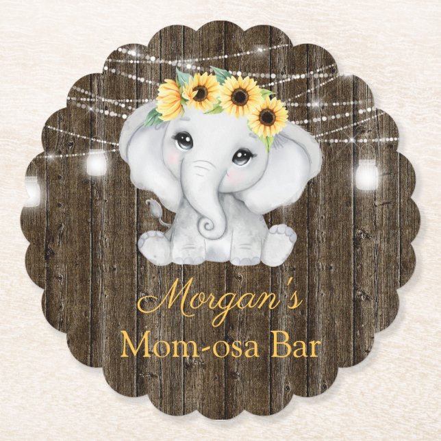 Elephant Sunflowers Lights Girl Baby Shower Paper Coaster (Front)