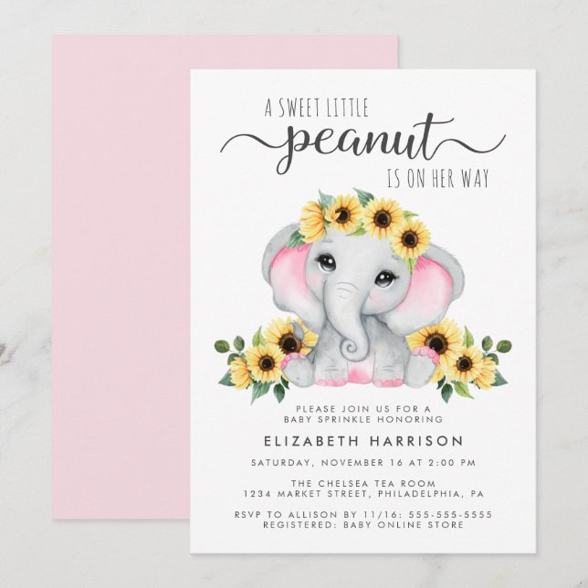 Elephant Sunflowers Pink Watercolor Baby Sprinkle Invitation (Front/Back)
