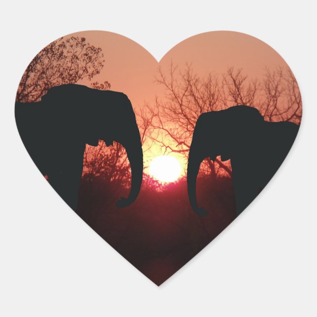 Elephant Sunset Silhouette Heart Sticker (Front)