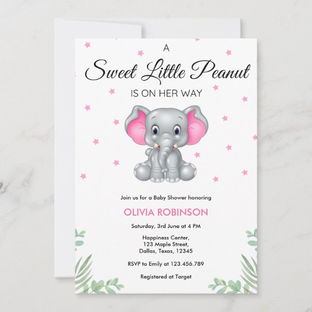 Elephant Sweet Little Peanut Girl Baby Shower  Invitation (Front)