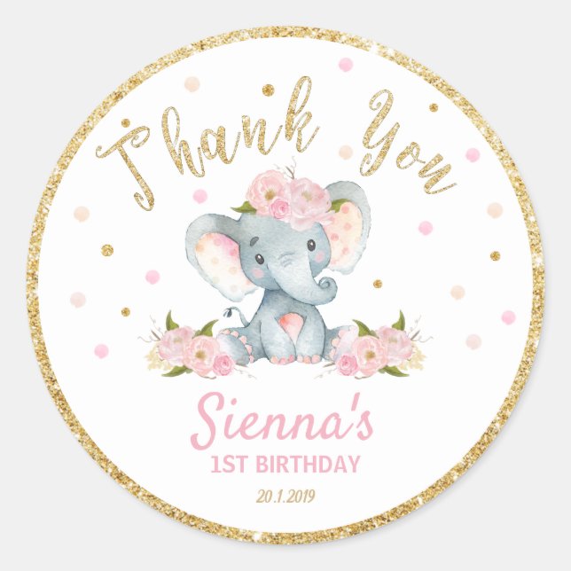 Elephant Thank You Sticker Labels Birthday Favours (Front)