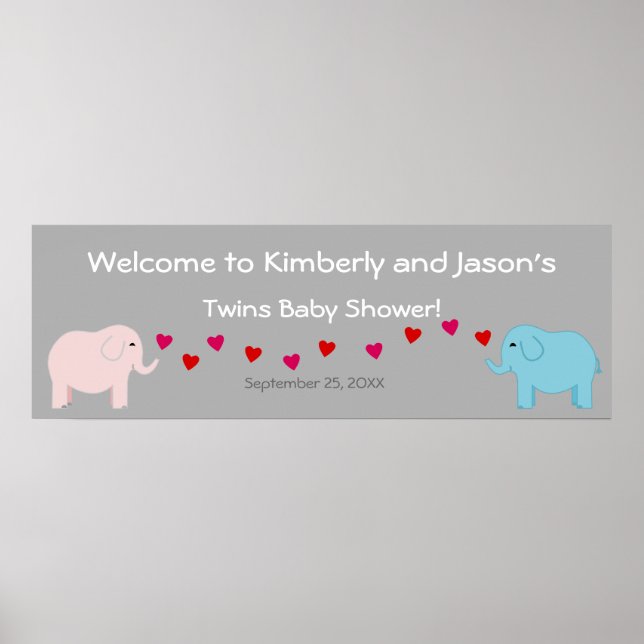 Elephant Theme Twin Boy & Girl Baby Shower Banner Poster (Front)