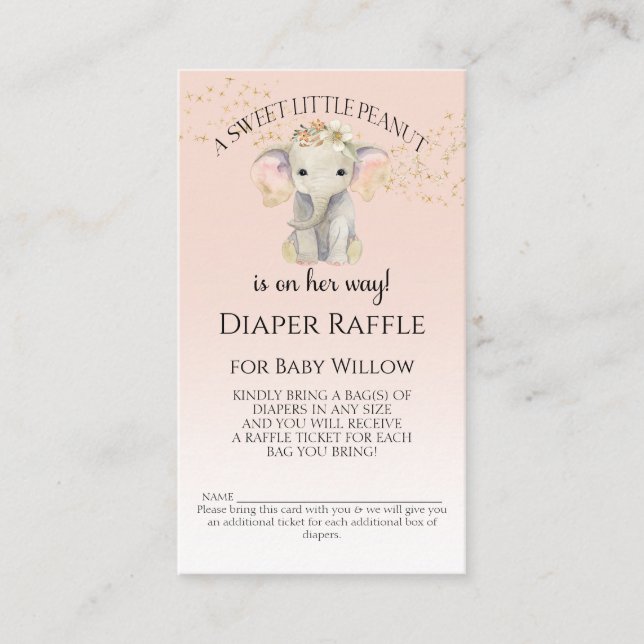 Elephant Themed Diaper Raffle Baby Girl Shower Business Card (Front)