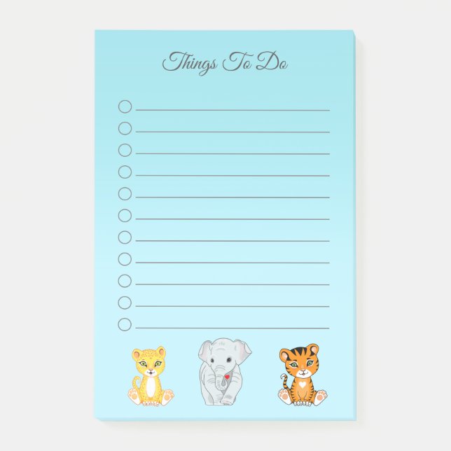 Elephant, Tiger & Leopard on Sky Blue Things To Do Post-it Notes (Front)