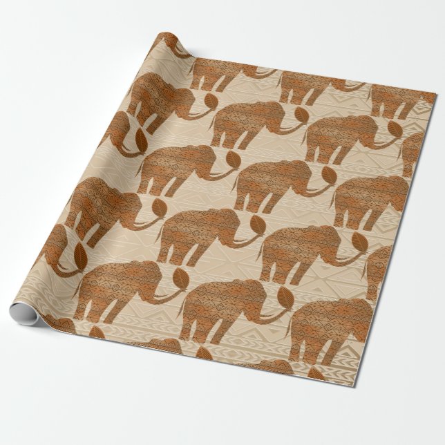 Elephant Tribal Art Design Wrapping Paper (Unrolled)