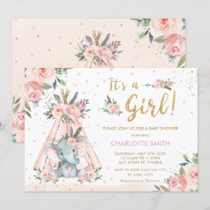 Elephant Tribal Blush Floral Girl Baby Shower Invitation