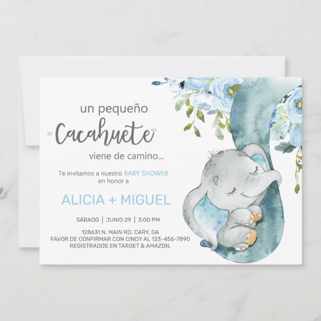 Elephant trunk & baby, baby shower invite, Spanish Invitation (Front)