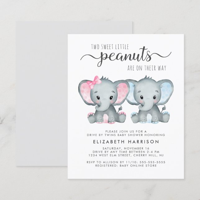 Elephant Twin Baby Boy Girl Drive By Shower Invite (Front/Back)