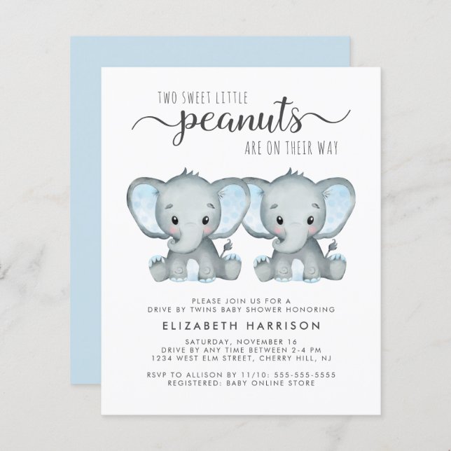 Elephant Twin Baby Boys Drive By Shower Invite (Front/Back)