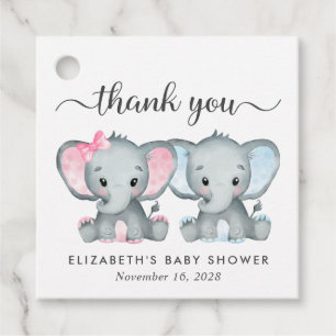 Elephant Twin Baby Girl Boy Shower Thank You Favour Tags