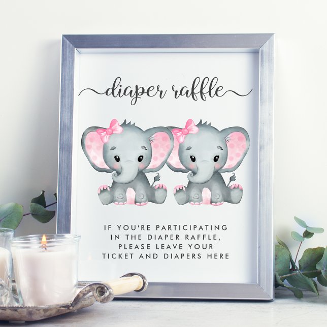 Elephant Twin Baby Girls Shower Diaper Raffle  Poster (Creator Uploaded)