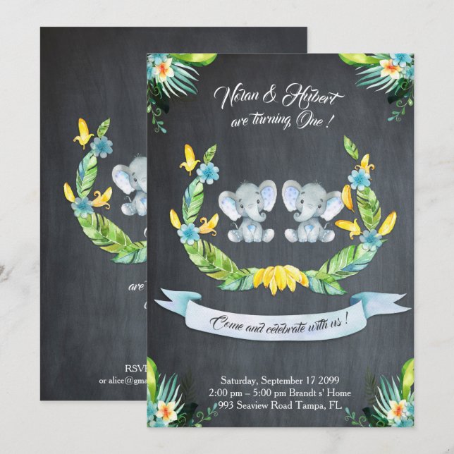 Elephant twin boy-boy Invitation,Floral,Baby 1st Invitation (Front/Back)