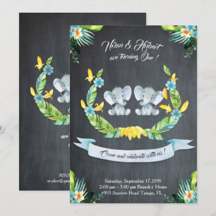 Elephant twin boy-boy Invitation,Floral,Baby 1st Invitation