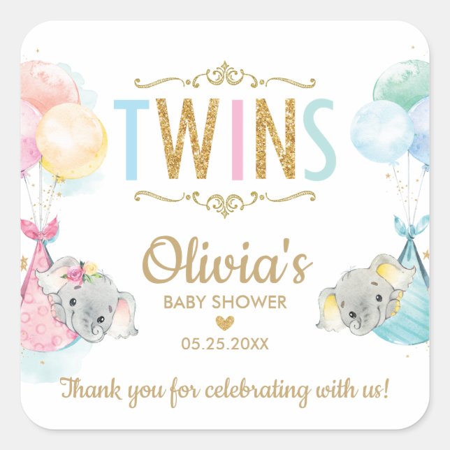 Elephant Twin Boy Girl Baby Shower Thank You Favou Square Sticker (Front)