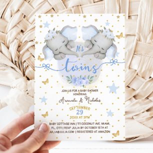 Elephant Twin Boys Baby Boy Shower Invitation