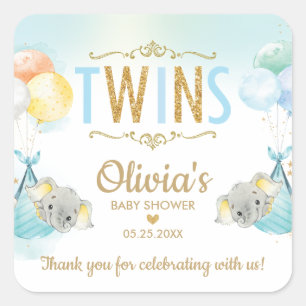 Elephant Twin Boys Baby Shower Thank You Favor Square Sticker