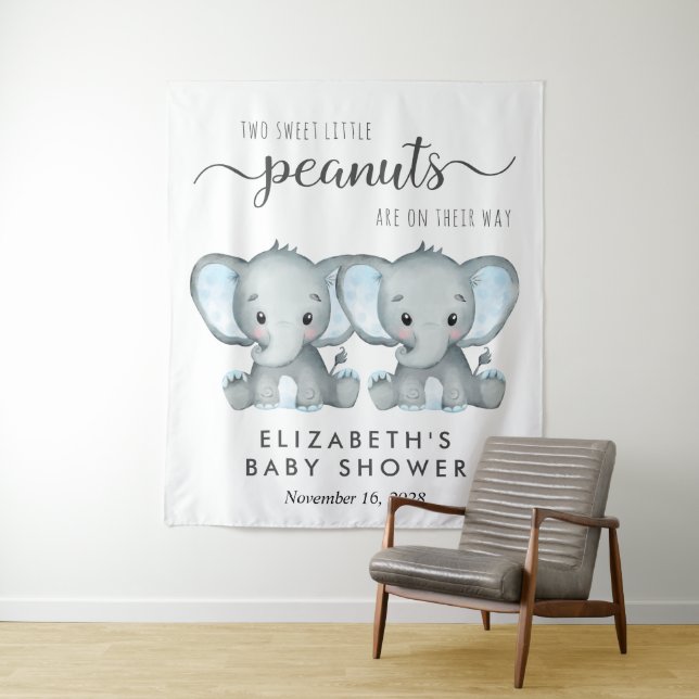 Elephant Twin Boys Baby Shower Welcome Tapestry (In Situ)