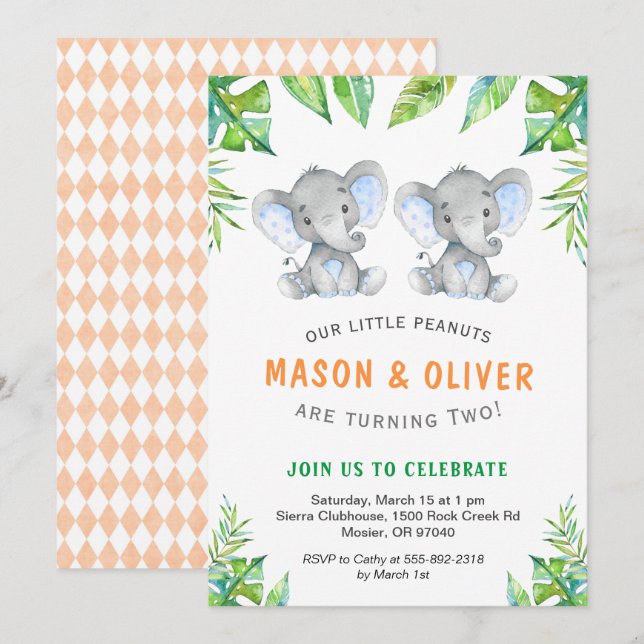 Elephant Twin Boys Birthday Little Peanuts Party Invitation (Front/Back)
