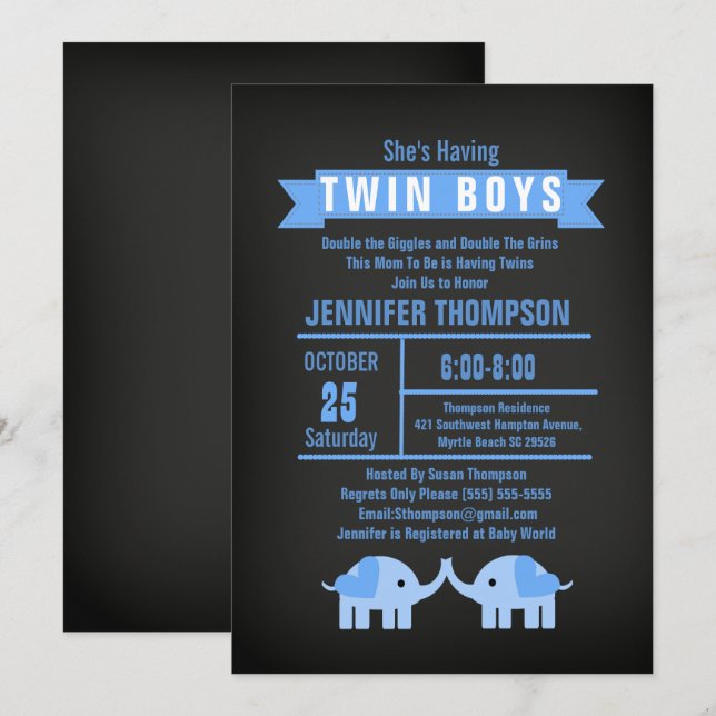 Elephant Twin Boys Chalkboard Baby Shower Invitation (Front/Back)