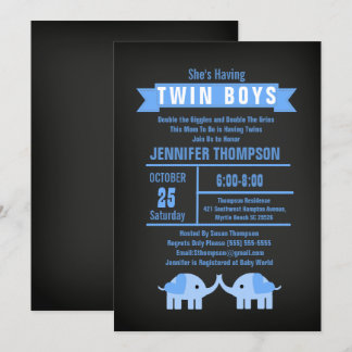 Elephant Twin Boys Chalkboard Baby Shower Invitation