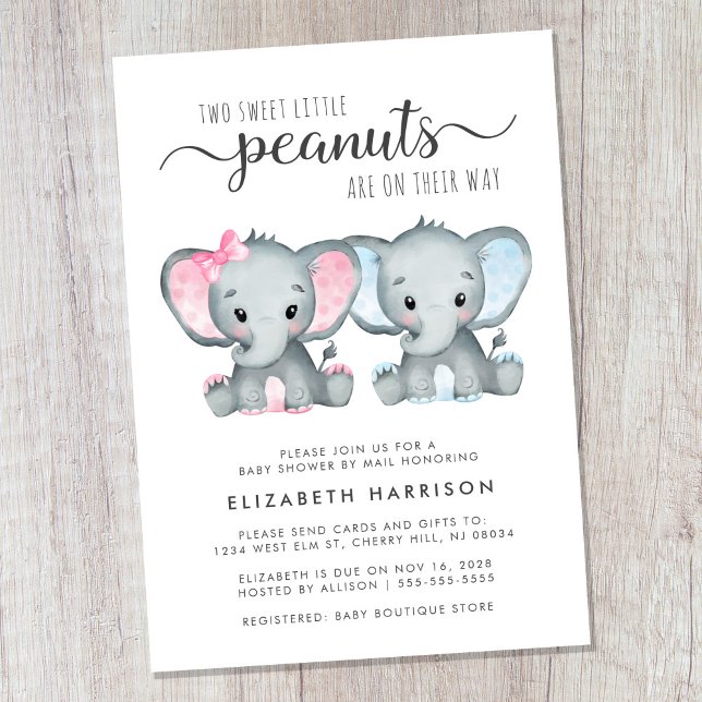 Elephant Twin Girl Boy Baby Shower By Mail Invitation (Cute boy and girl twin baby shower by mail invitation)